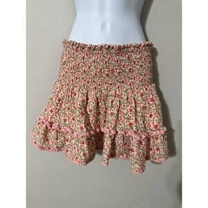SHE‎ MADE ME Smocked Floral Mini Skirt Ruffle Trim Pink Green Boho Beach XS S